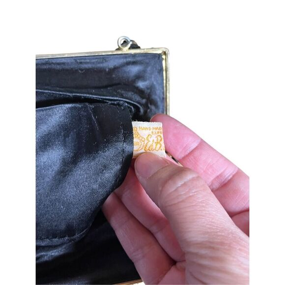 Vintage Beaded Handbag Black Beads Over Tapestry Kiss‎ Lock Clasp Single Handle - Picture 8 of 10